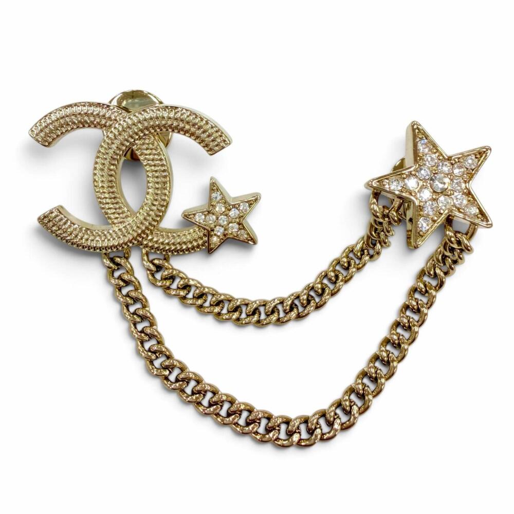 CHANEL B25B Metal Coco Mark Star Chain Rhinestone Brooch, Gold, Made in Italy...
